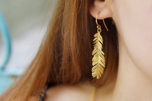 Solid Gold Earrings – Long Leaf Earrings Handmade With Delicate Acacia