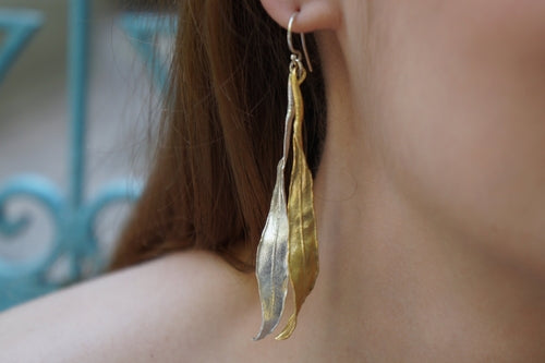 Real Olive Leaf Earrings – Long Dangle Two Tone Gold Plated Statement
