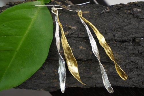 Real Olive Leaf Earrings – Long Dangle Two Tone Gold Plated Statement