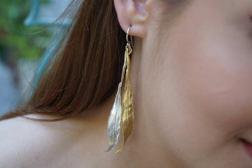 Real Olive Leaf Earrings – Long Dangle Two Tone Gold Plated Statement