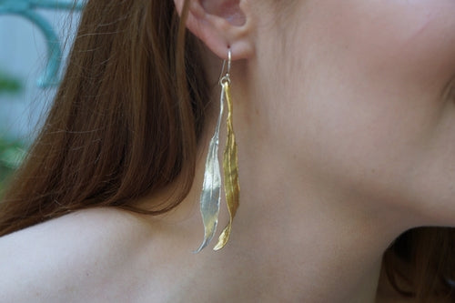 Real Olive Leaf Earrings – Long Dangle Two Tone Gold Plated Statement