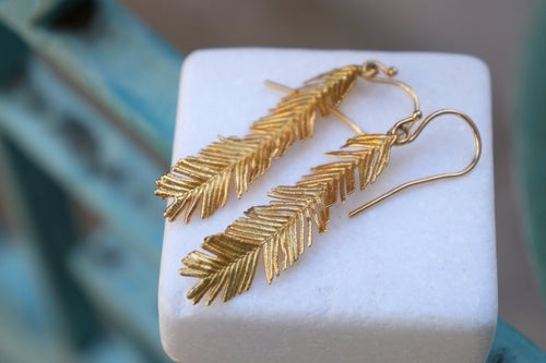 Solid Gold Earrings – Long Leaf Earrings Handmade With Delicate Acacia