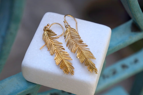Solid Gold Earrings – Long Leaf Earrings Handmade With Delicate Acacia