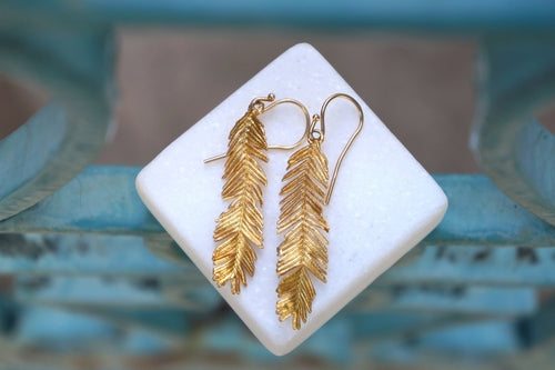 Solid Gold Earrings – Long Leaf Earrings Handmade With Delicate Acacia