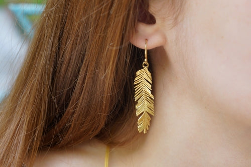Solid Gold Earrings – Long Leaf Earrings Handmade With Delicate Acacia