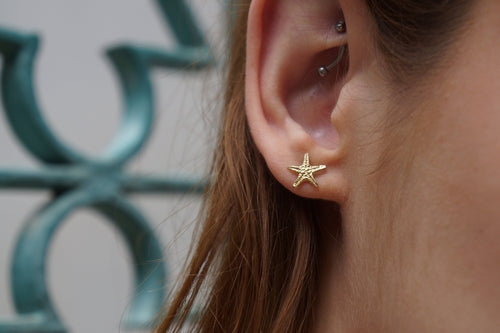 Solid Gold Stud Earrings – Handmade Starfish Studs in Yellow, White &