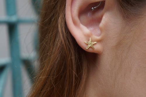 Solid Gold Stud Earrings – Handmade Starfish Studs in Yellow, White &